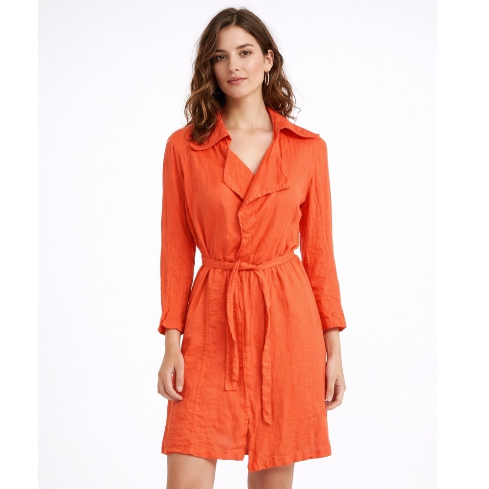 Cynthia Rowley Coral Orange 100% Linen Wrap Trenchcoat Shirt Dress Long Sleeve